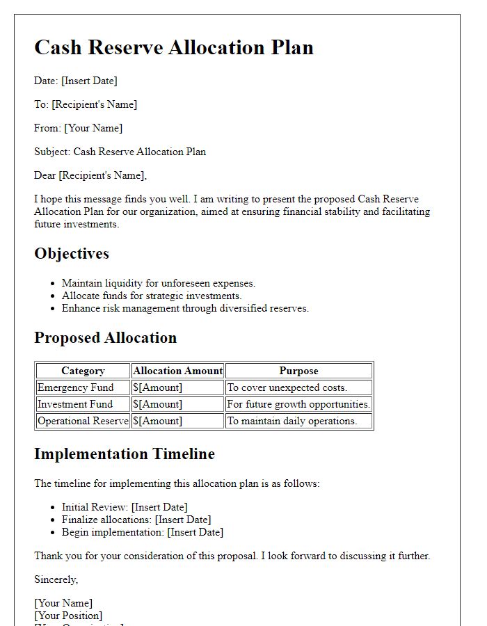 Letter template of cash reserve allocation plan