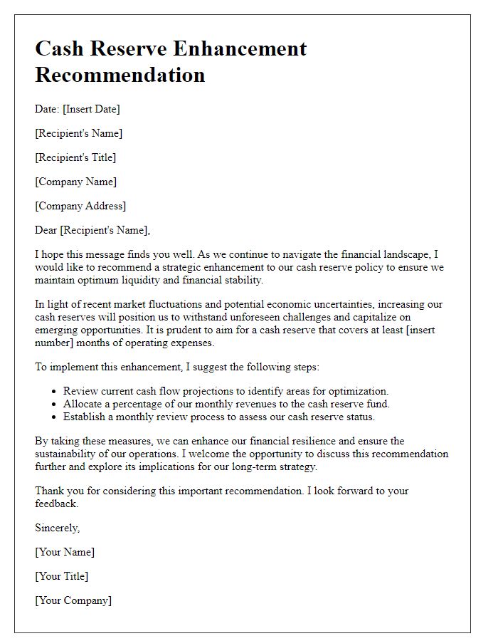 Letter template of cash reserve enhancement recommendation