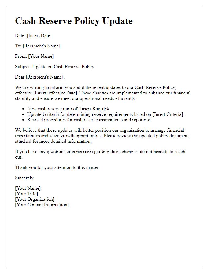 Letter template of cash reserve policy update