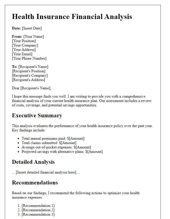 Letter template of health insurance financial analysis