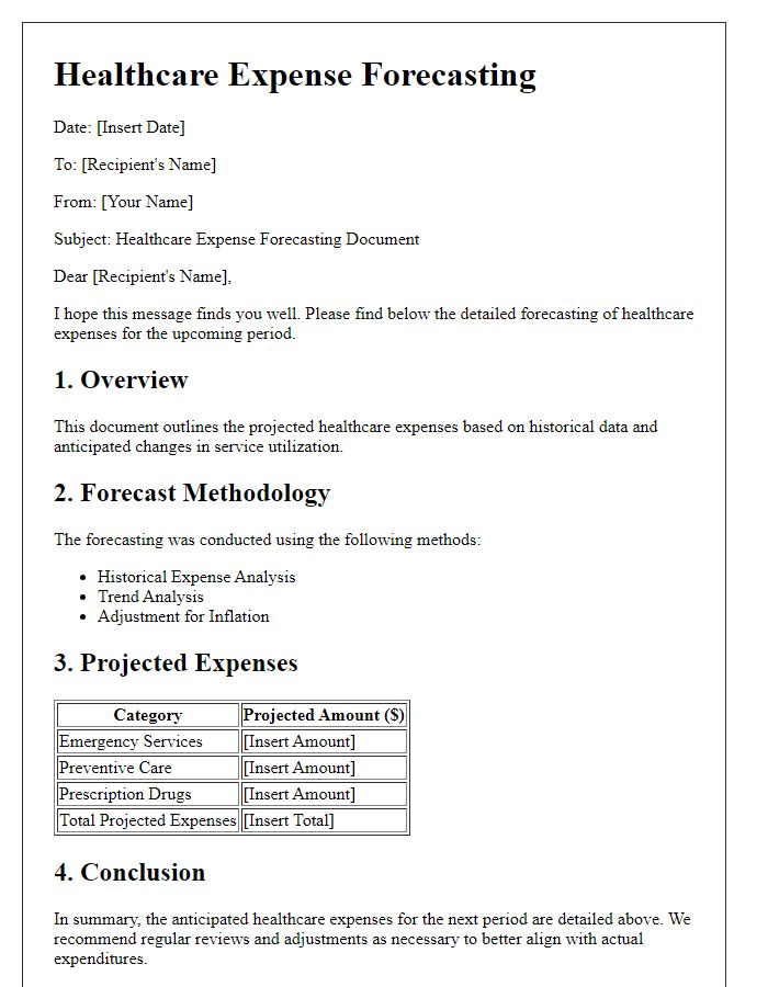 Letter template of healthcare expense forecasting document