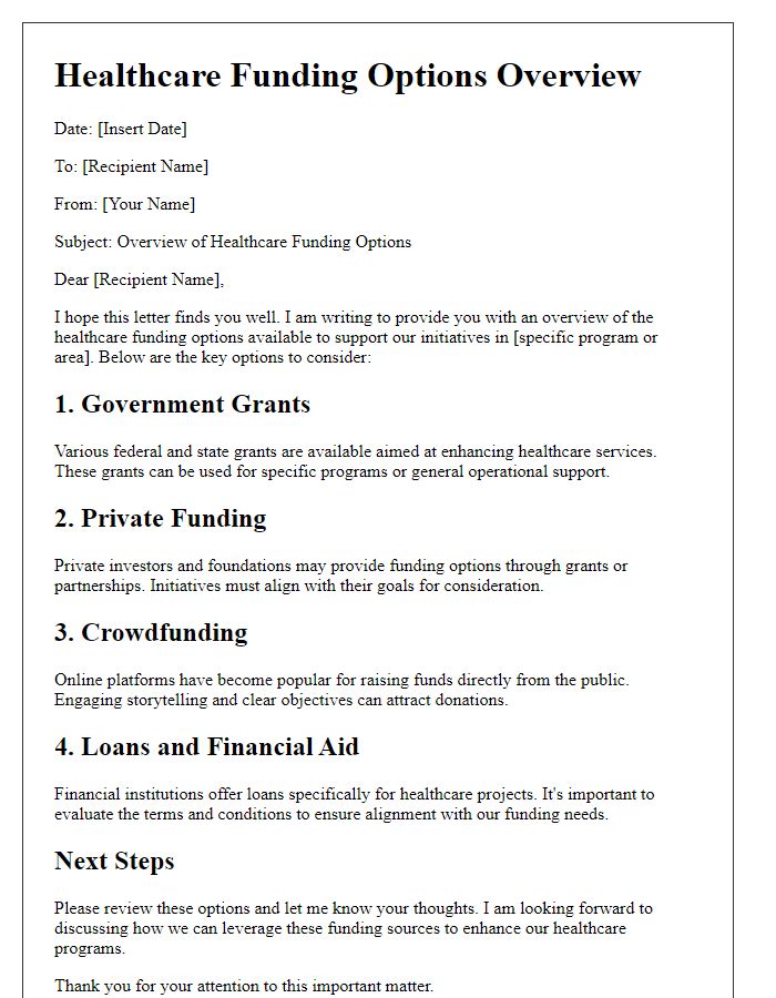 Letter template of healthcare funding options overview