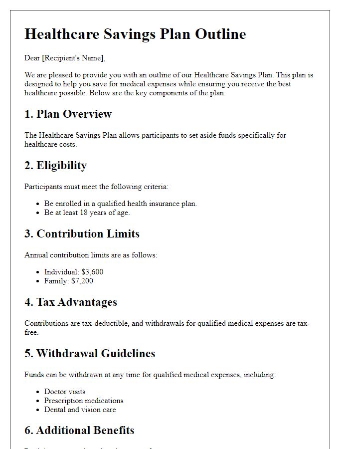 Letter template of healthcare savings plan outline