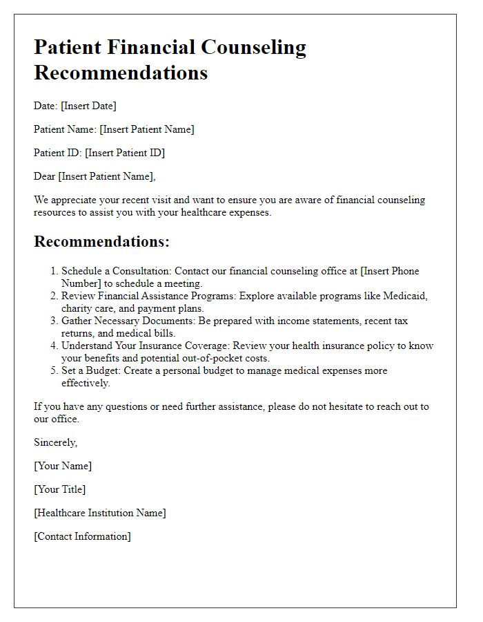 Letter template of patient financial counseling recommendations