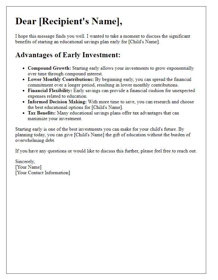 Letter template of benefits of starting early with educational savings plans