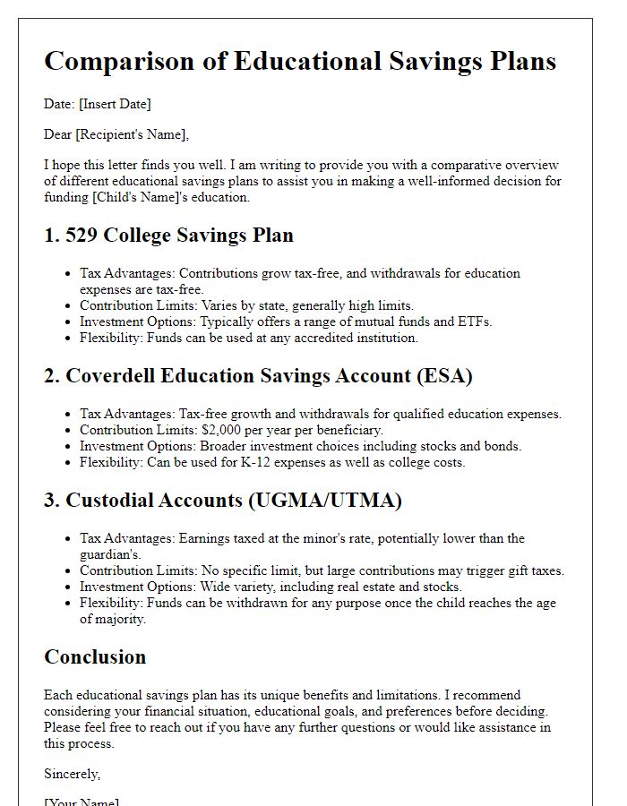 Letter template of comparison between different educational savings plans