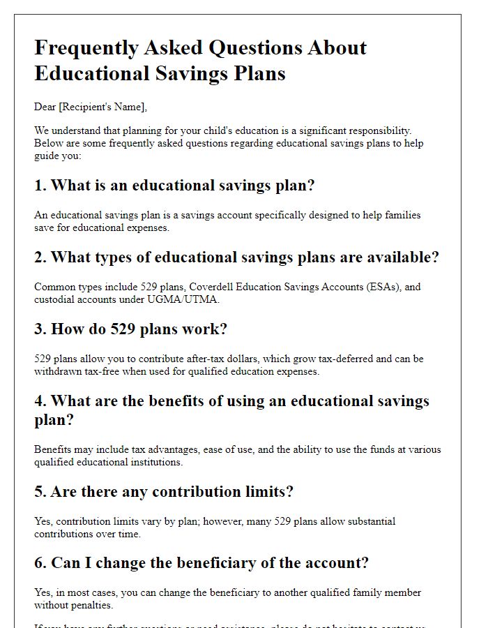 Letter template of frequently asked questions about educational savings plans