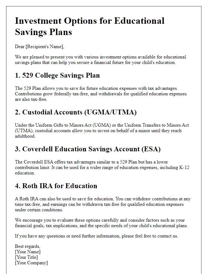 Letter template of investment options for educational savings plans