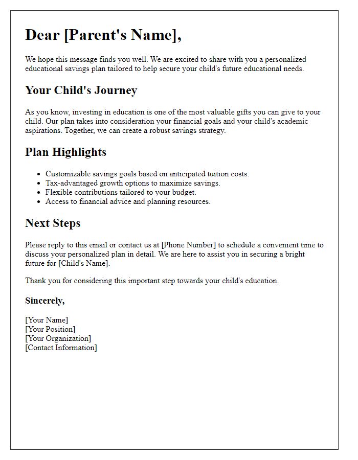 Letter template of personalized educational savings plans for parents