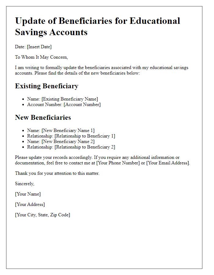 Letter template of updating beneficiaries in educational savings accounts