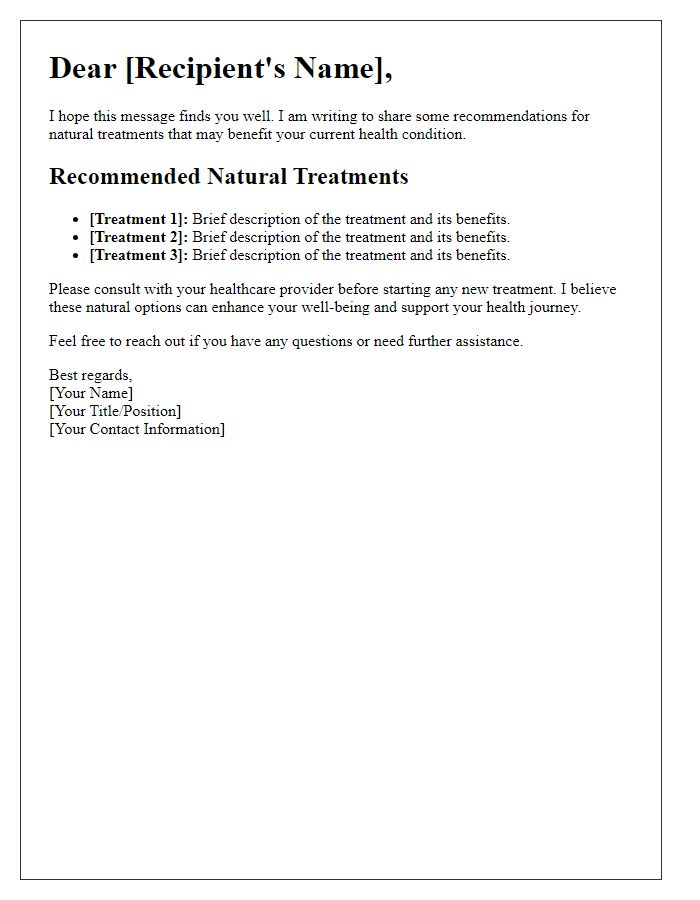 Letter template of communication for natural treatment recommendations