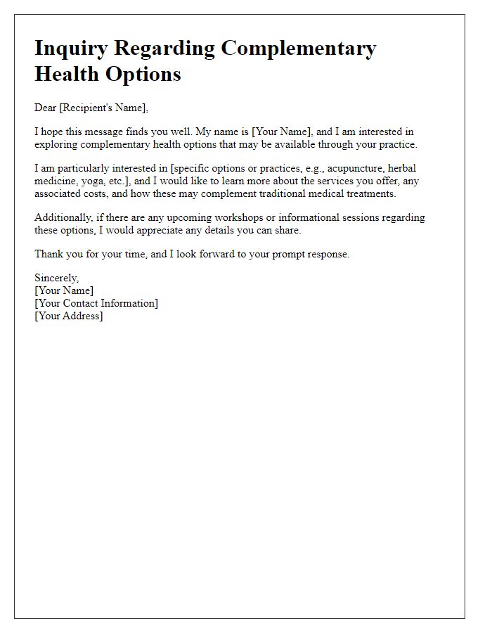 Letter template of inquiry regarding complementary health options