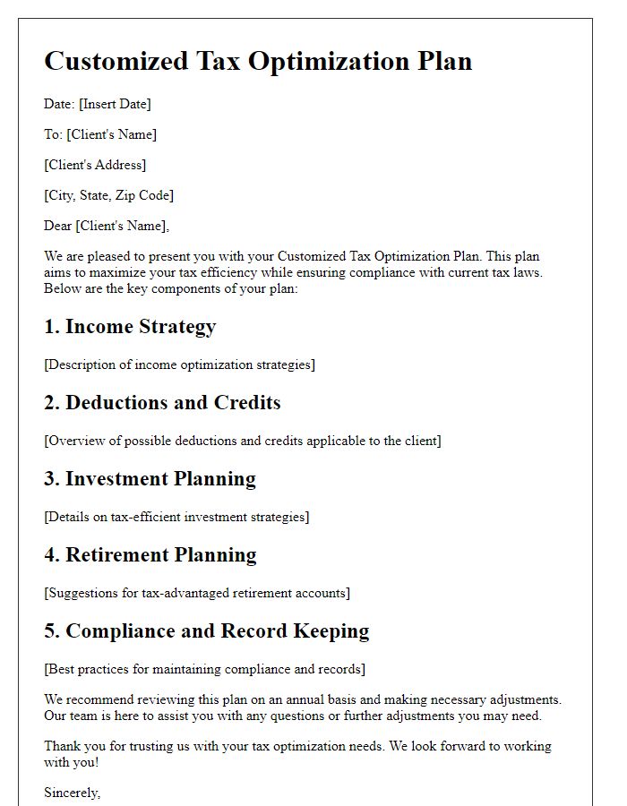 Letter template of Customized Tax Optimization Plan