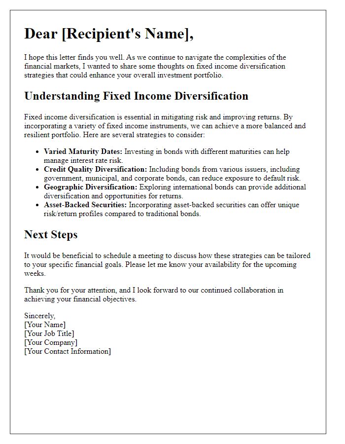 Letter template of fixed income diversification strategies for comprehensive planning