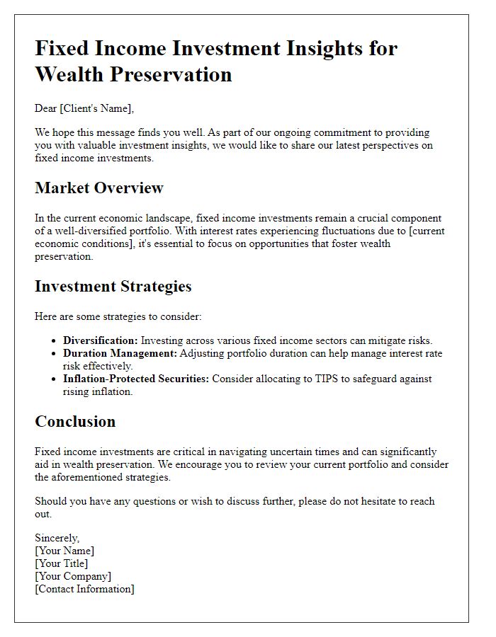 Letter template of fixed income investment insights for wealth preservation