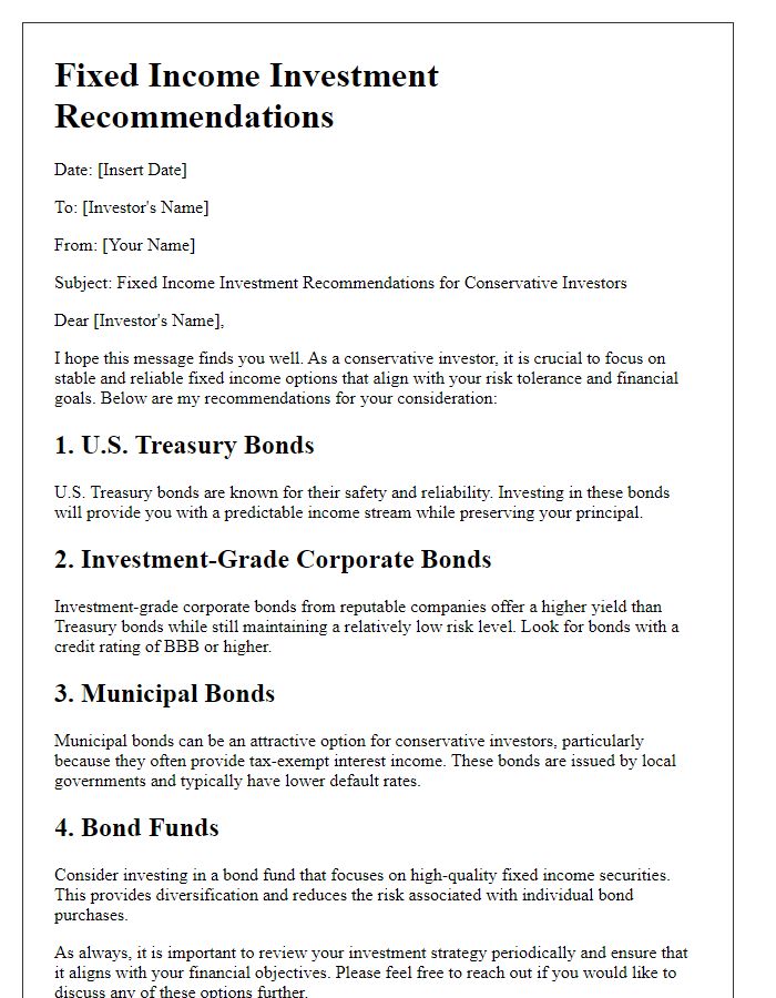 Letter template of fixed income investment recommendations for conservative investors