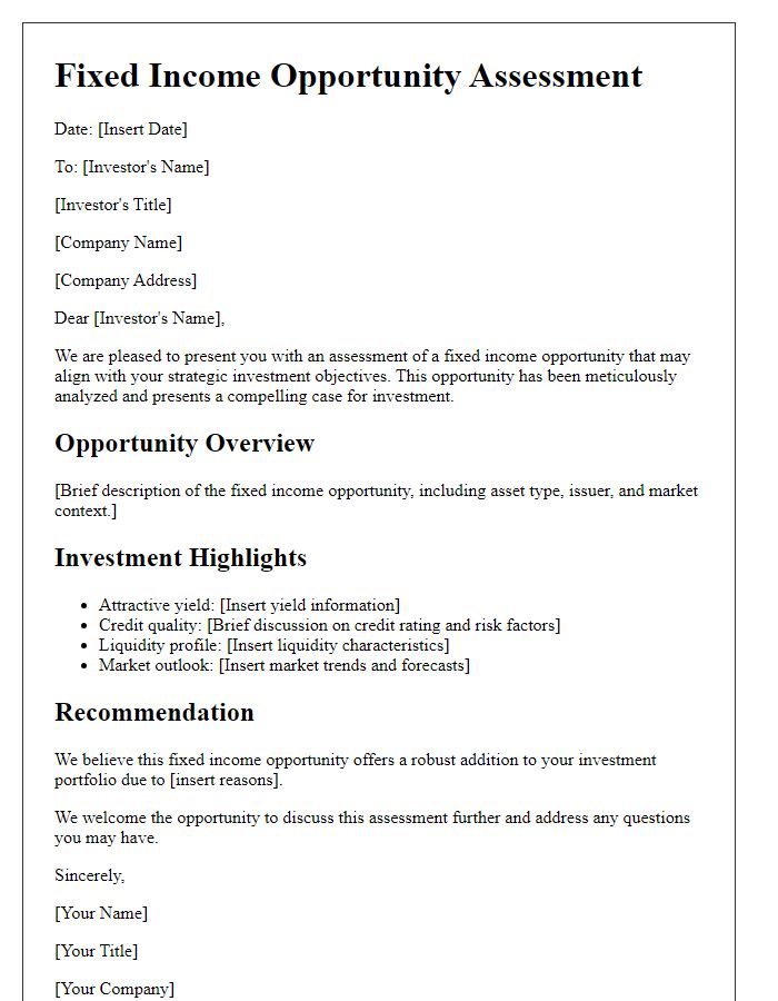 Letter template of fixed income opportunity assessment for strategic investors