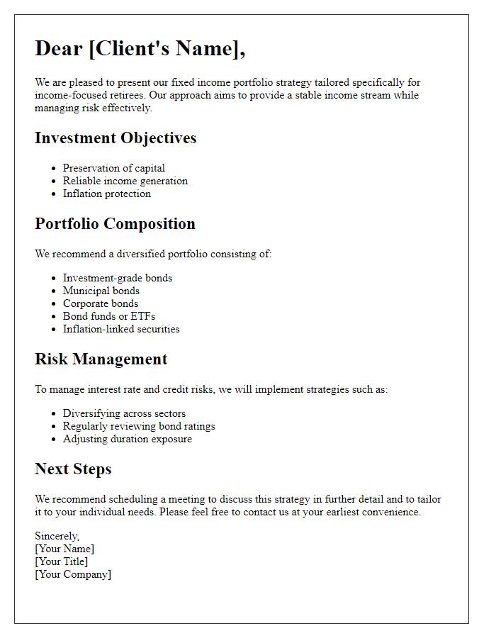 Letter template of fixed income portfolio strategy for income-focused retirees