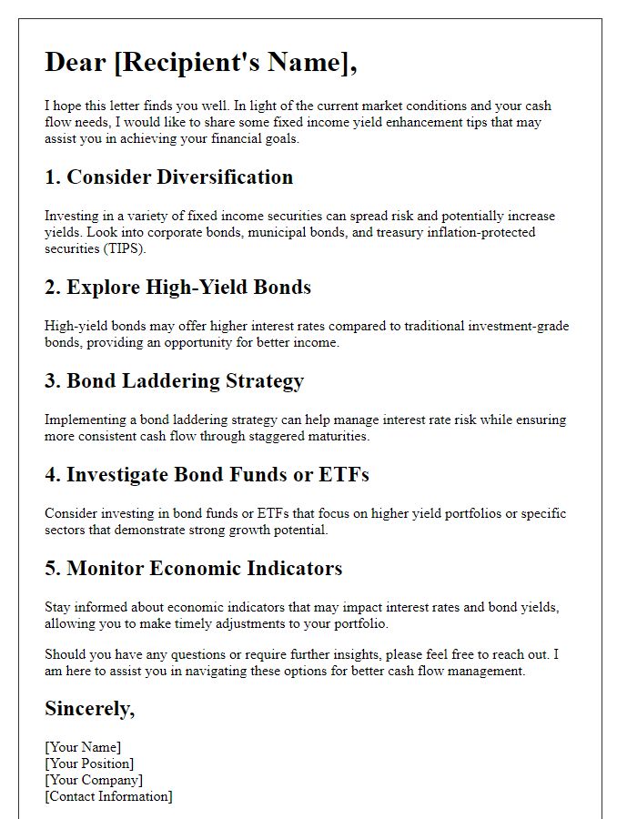 Letter template of fixed income yield enhancement tips for cash flow needs