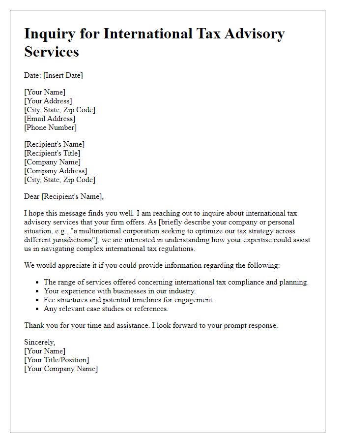 Letter template of international tax advisory services inquiry