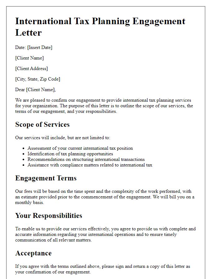 Letter template of international tax planning engagement