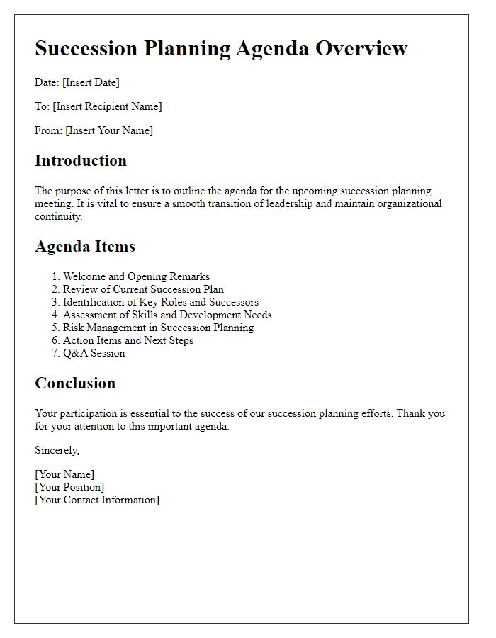 Letter template of Succession Planning Agenda Overview