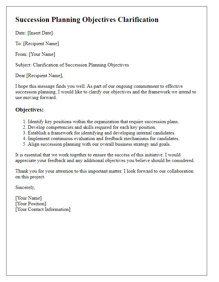 Letter template of Succession Planning Objectives Clarification