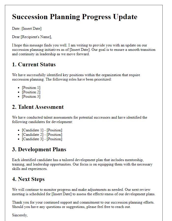 Letter template of Succession Planning Progress Update