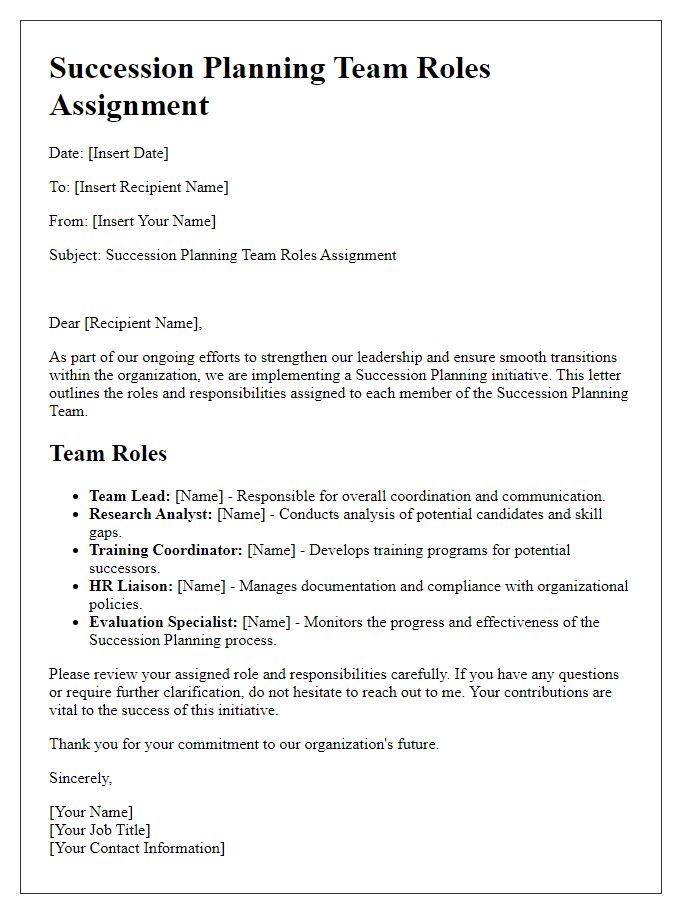 Letter template of Succession Planning Team Roles Assignment