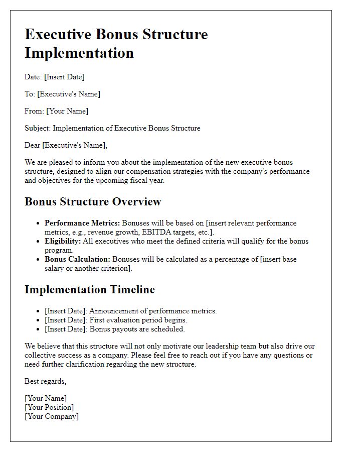 Letter template of executive bonus structure implementation