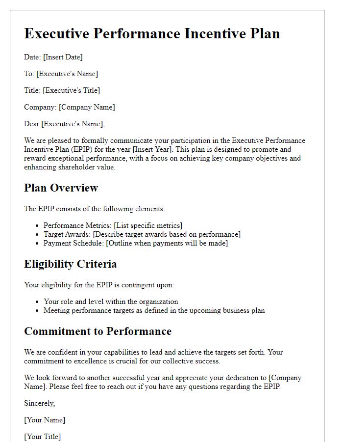 Letter template of executive performance incentive plan