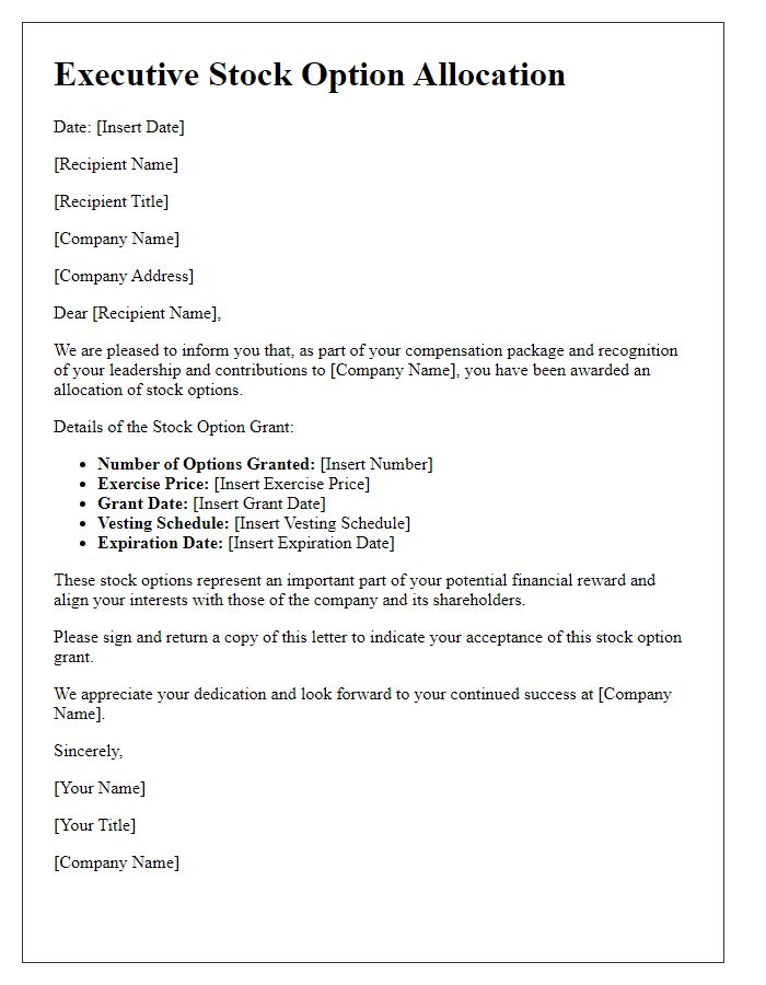 Letter template of executive stock option allocation