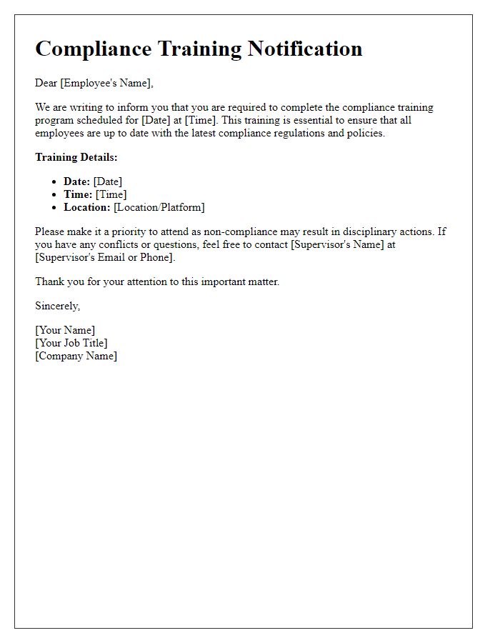 Letter template of compliance training notification