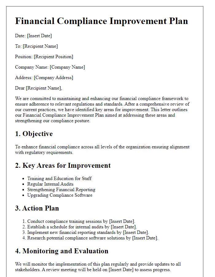 Letter template of financial compliance improvement plan