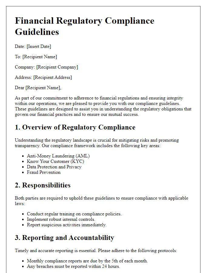 Letter template of financial regulatory compliance guidelines