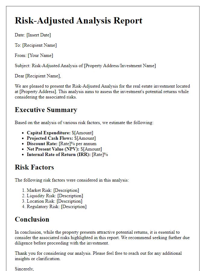 Letter template of risk-adjusted analysis for real estate investments.