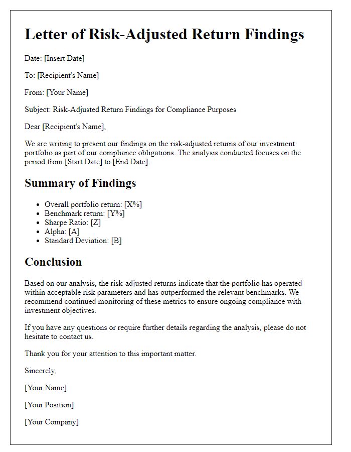 Letter template of risk-adjusted return findings for compliance purposes.