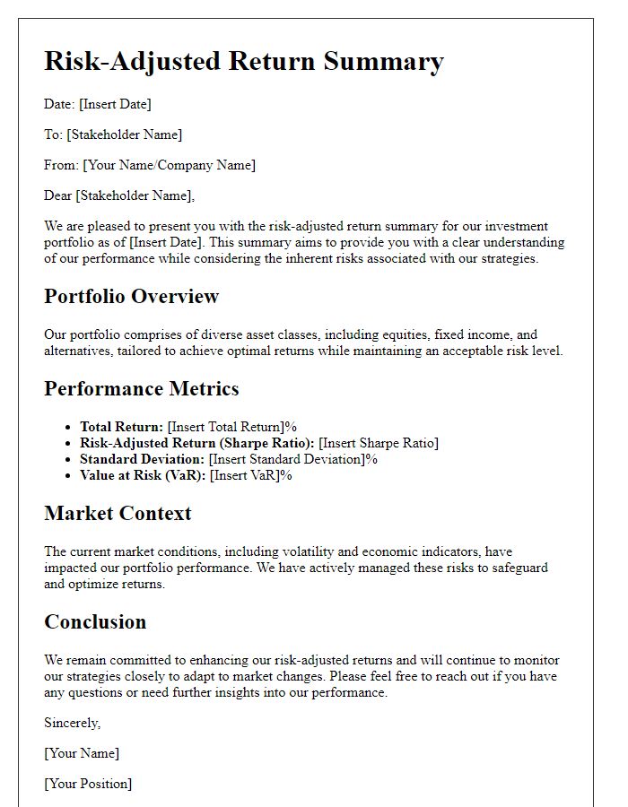 Letter template of risk-adjusted return summary for stakeholder reports.