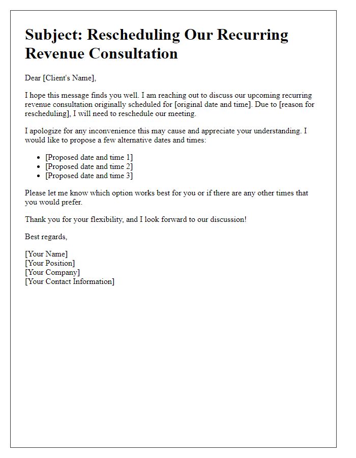 Letter template of rescheduling recurring revenue consultation