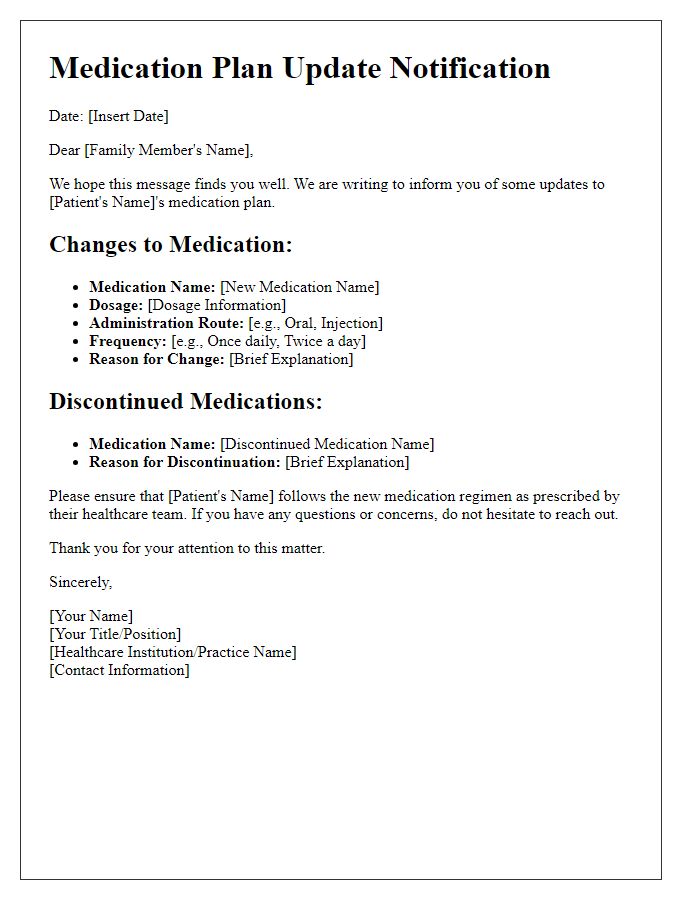 Letter template of changes in patient medication plan for family members.