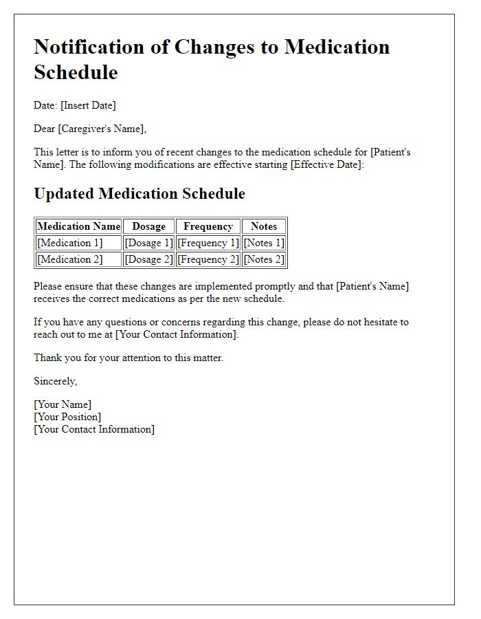 Letter template of changes to medication schedule for caregivers.