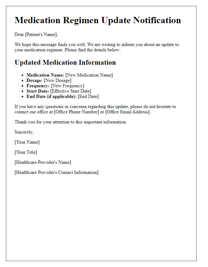 Letter template of medication regimen update notification for patients.