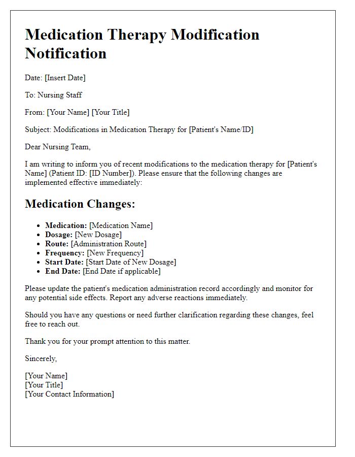 Letter template of modifications in medication therapy for nursing staff.