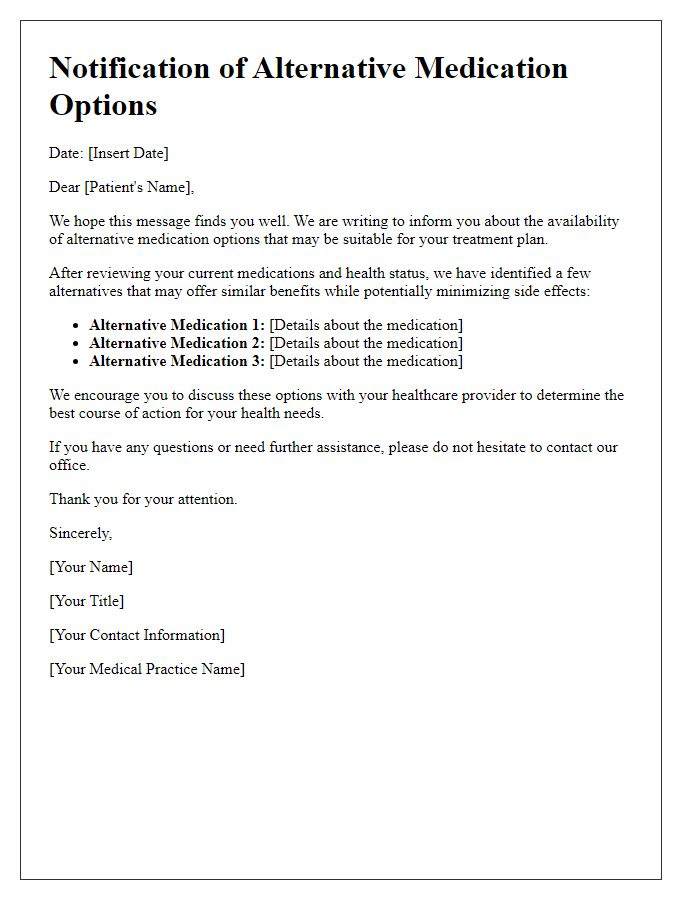 Letter template of notification of alternative medication options for patients.