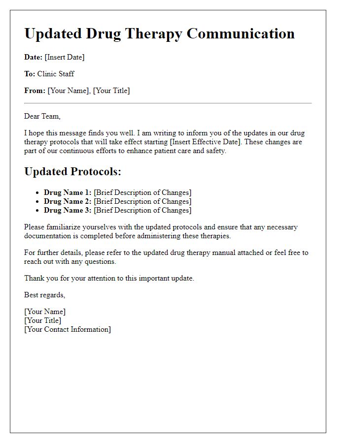 Letter template of updated drug therapy communication for clinic staff.