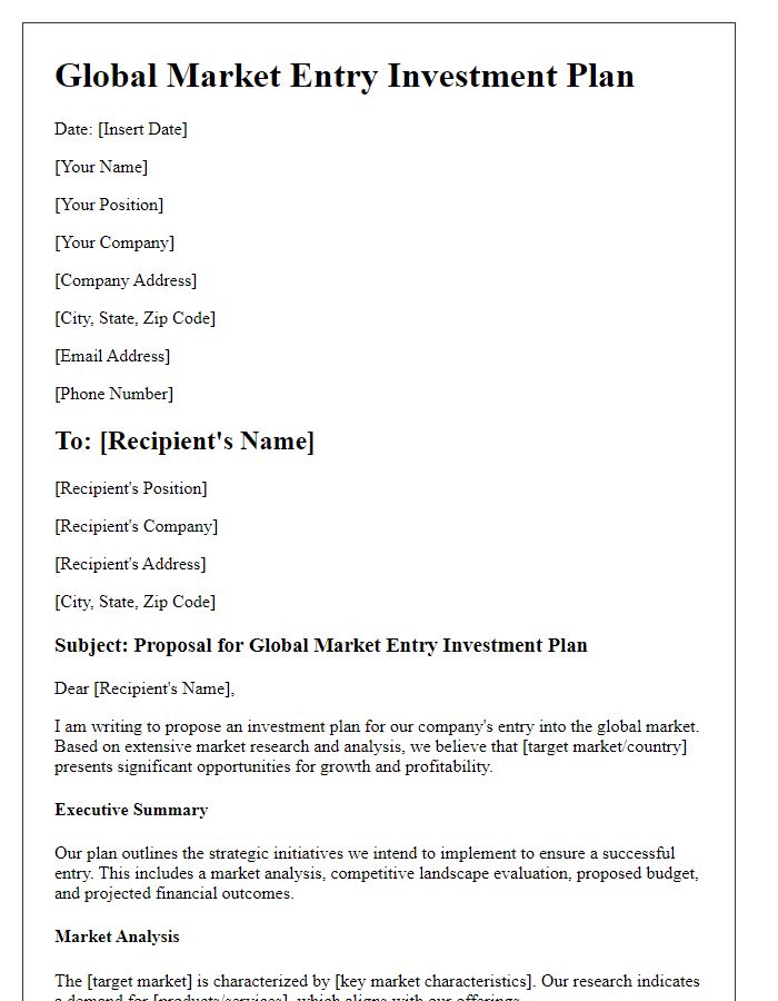 Letter template of global market entry investment plan