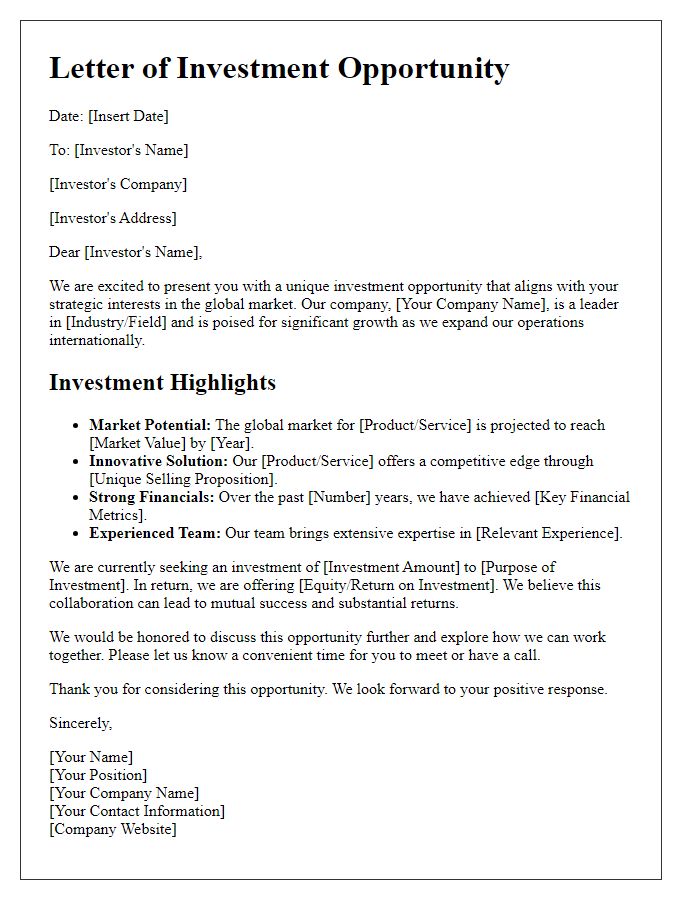 Letter template of multinational investment opportunity pitch