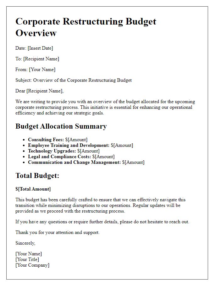 Letter template of corporate restructuring budget overview