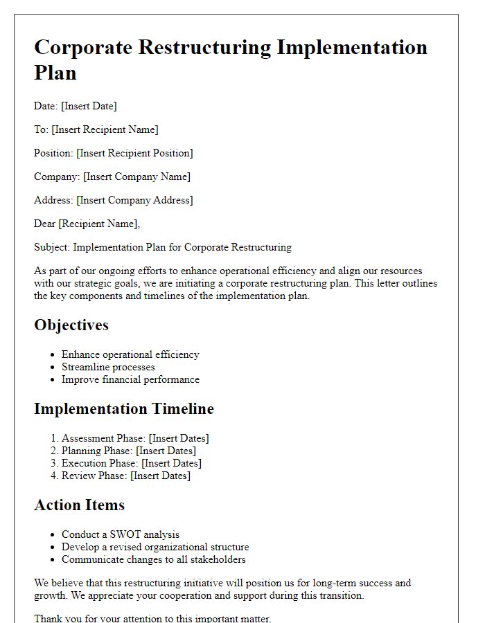 Letter template of corporate restructuring implementation plan