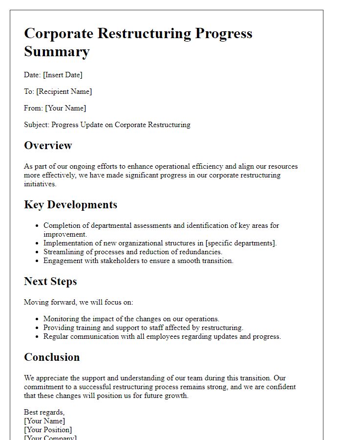 Letter template of corporate restructuring progress summary